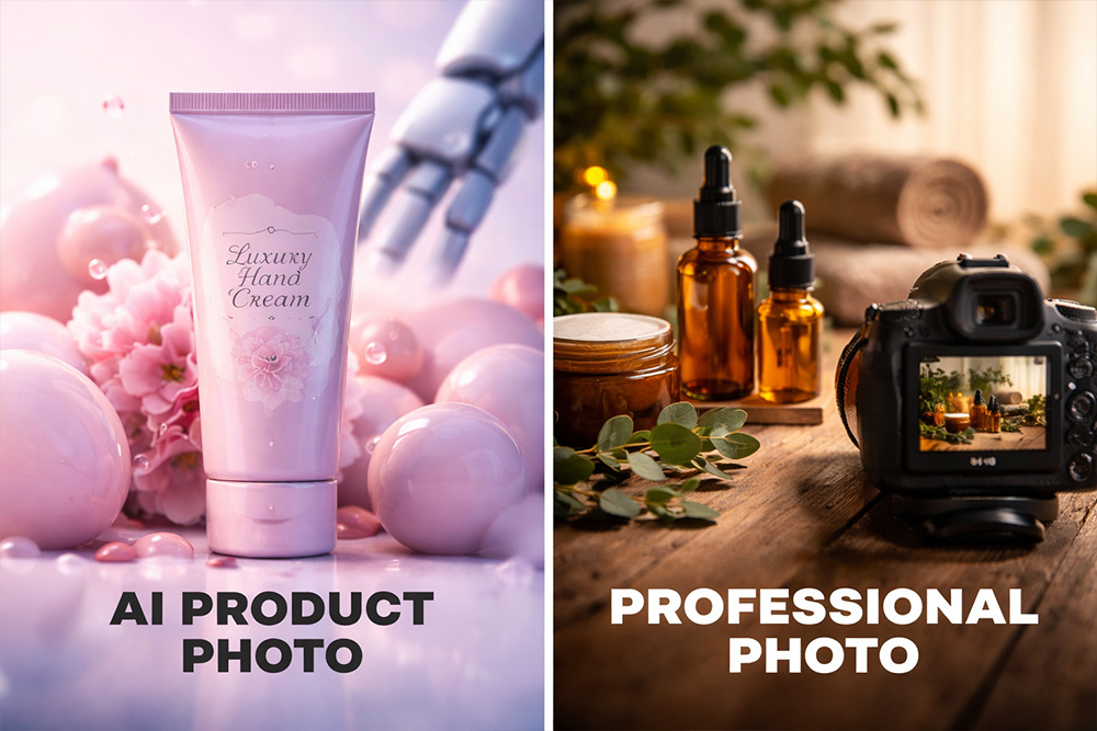 Side-by-side comparison of AI generated product photo and professional photographer product photo in 2026